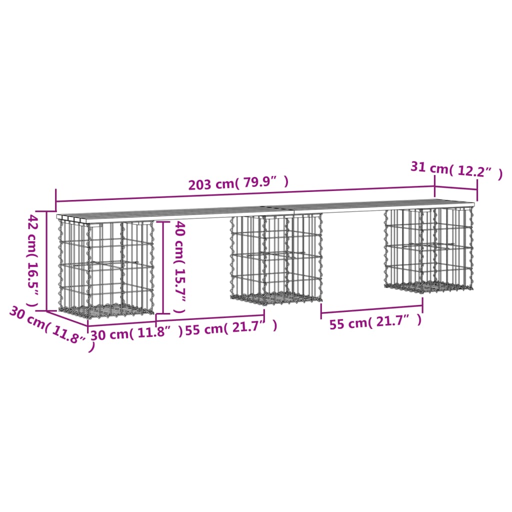 Hagebenk gabiondesign 203x31x42 cm heltre furu