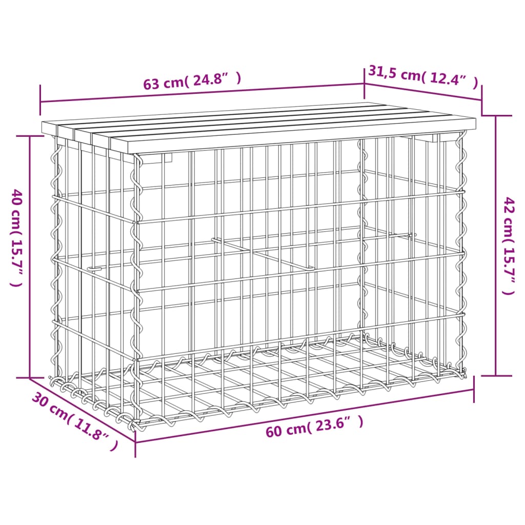 Hagebenk gabiondesign 63x31,5x42 cm impregnert furu