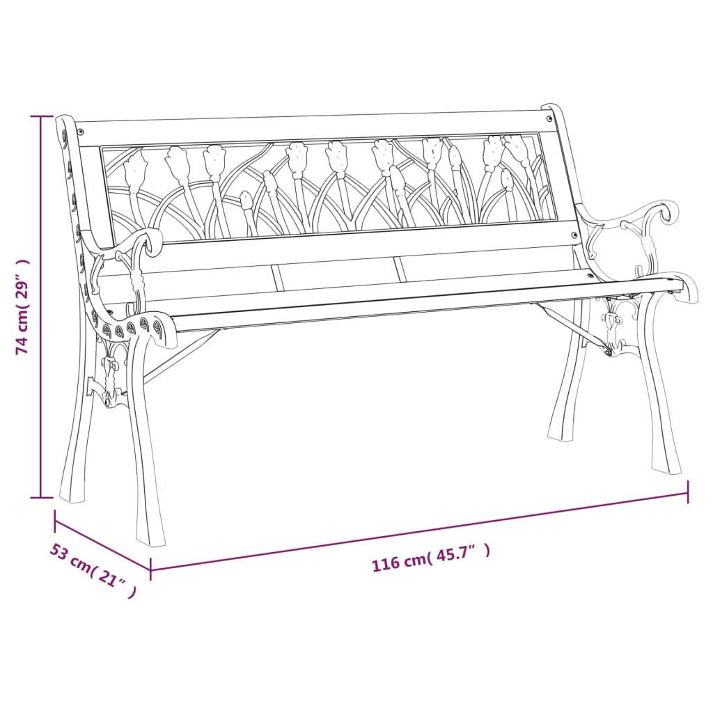 Hagebenk 116 cm heltre gran og stål