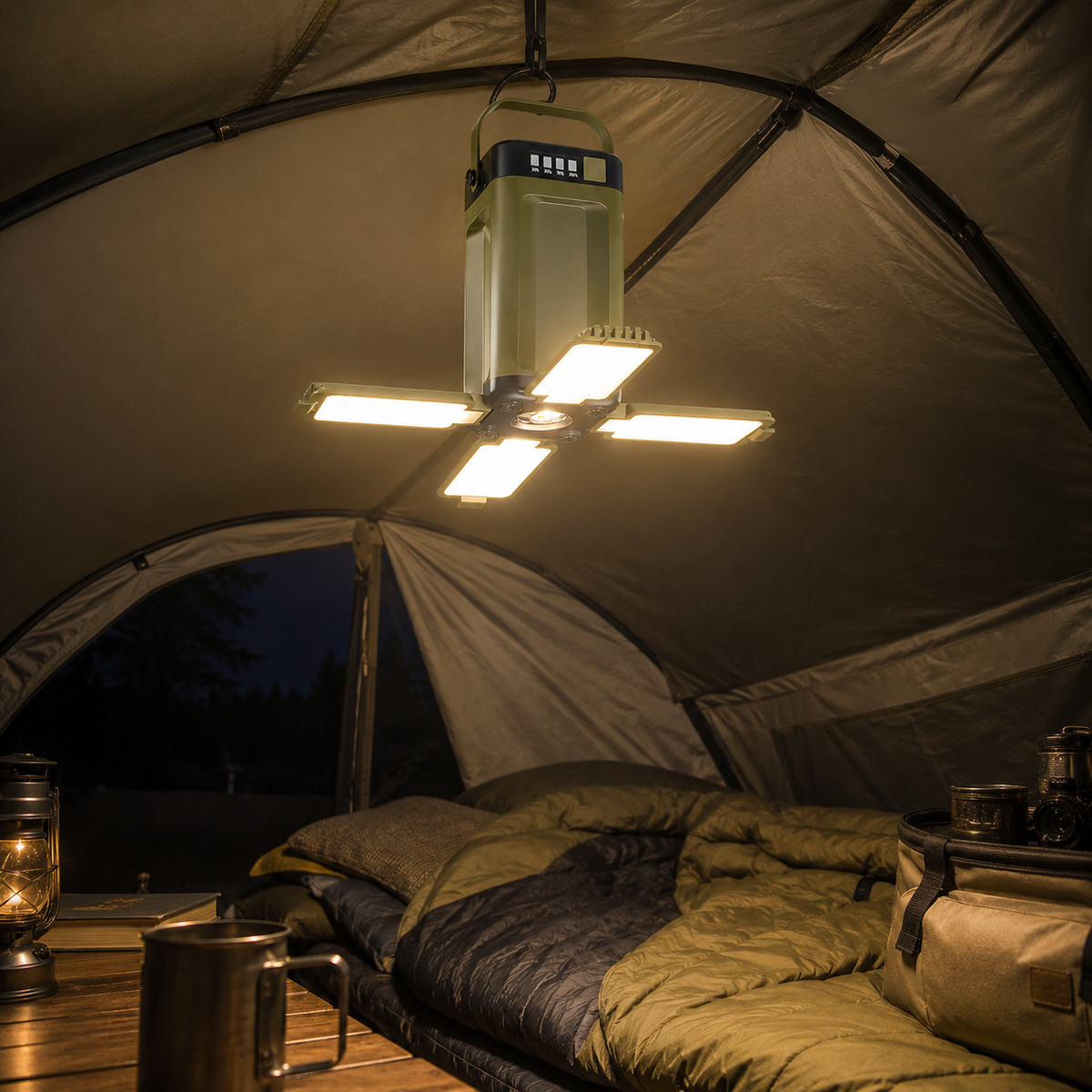 Oppladbar campinglampe med 4 LED-paneler – IPX4 til telt og hytte