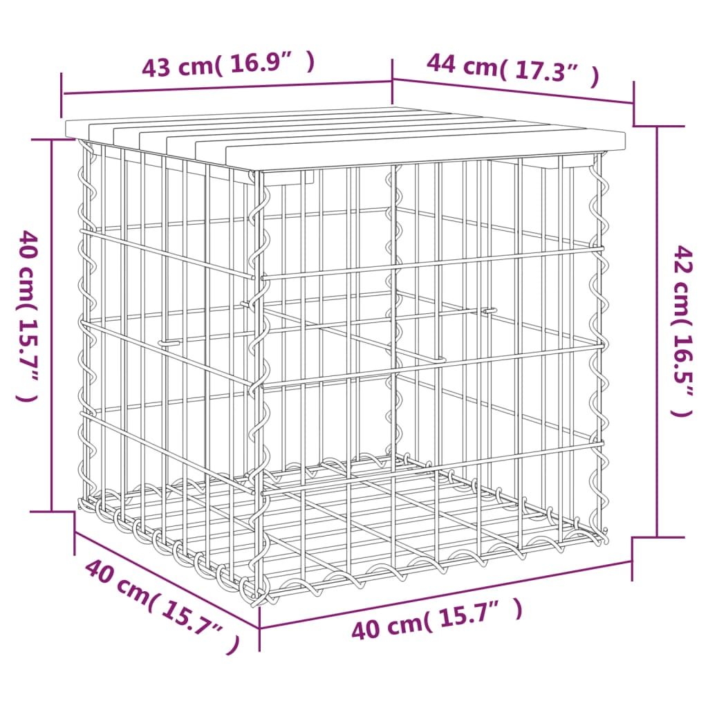 Hagebenk gabiondesign 43x44x42 cm heltre furu