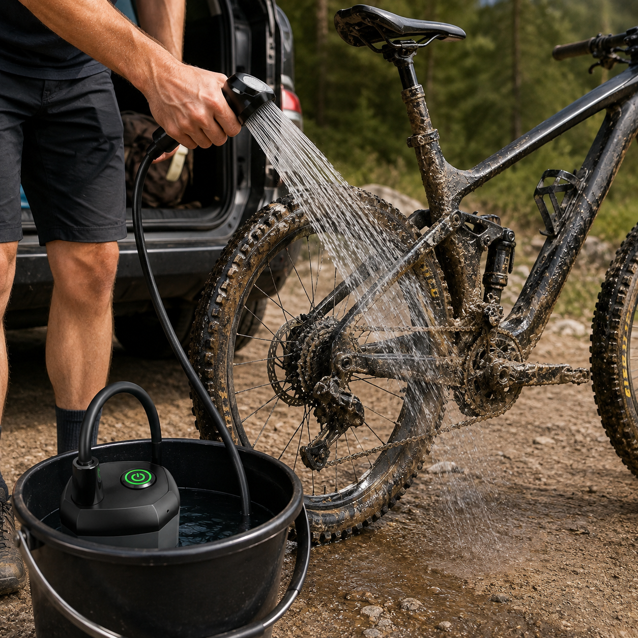 Oppladbar campingdusj 6000 mAh – 2 trykk, USB-C og 2 m slange