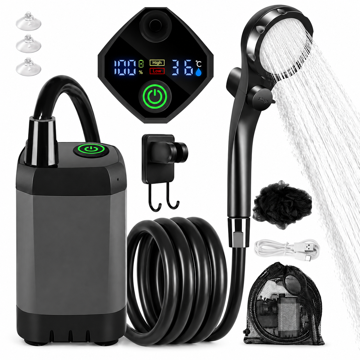 Outpro oppladbar campingdusj med pumpe, dusjhode og slange