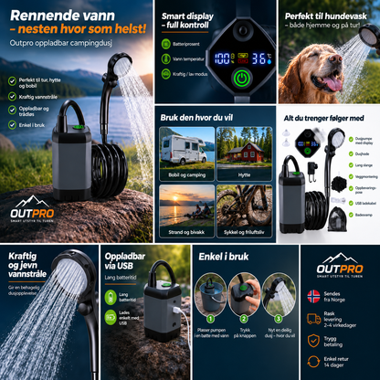 Oppladbar campingdusj 6000 mAh – 2 trykk, USB-C og 2 m slange