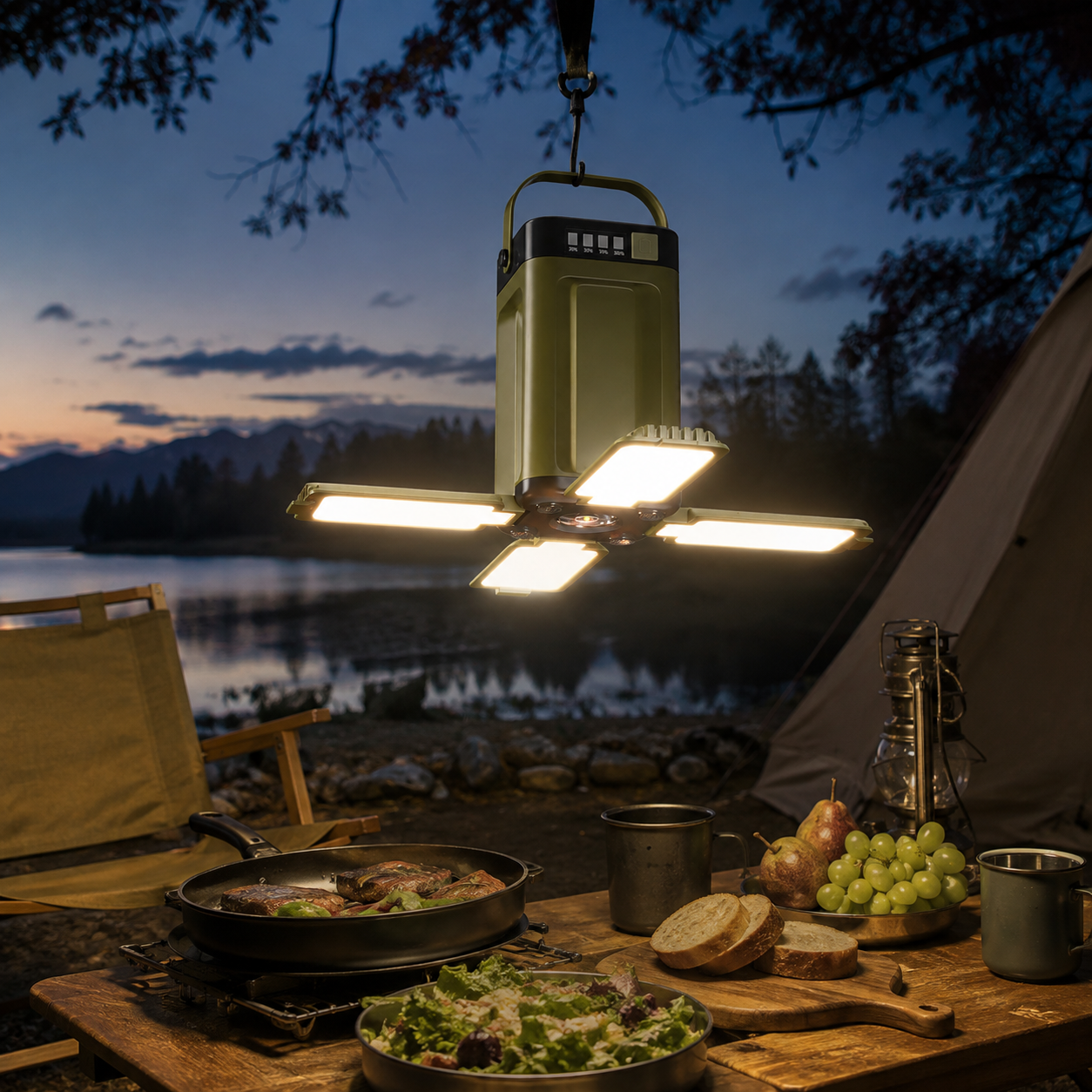 Oppladbar campinglampe med 4 LED-paneler – IPX4 til telt og hytte