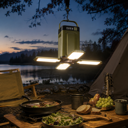 Oppladbar campinglampe med 4 LED-paneler – IPX4 til telt og hytte