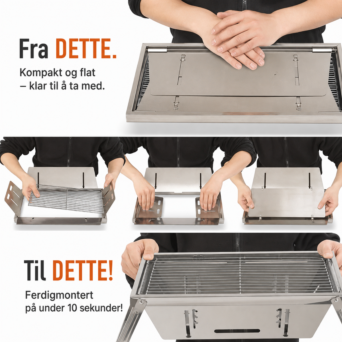 Sammenleggbar campinggrill i rustfritt stål – kompakt turgrill