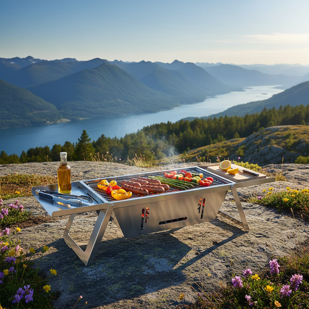 Outpro sammenleggbar grill i bruk på fjellet med utsikt