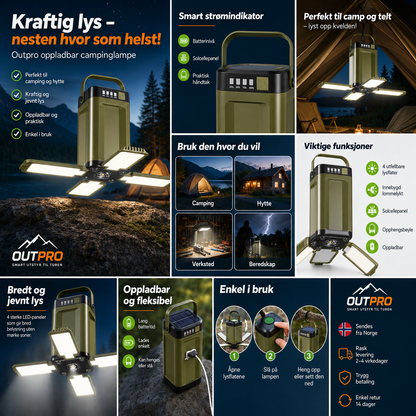 Oppladbar campinglampe med 4 LED-paneler – IPX4 til telt og hytte