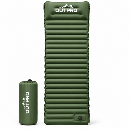 Outpro oppblåsbar luftmadrass med integrert fotpumpe