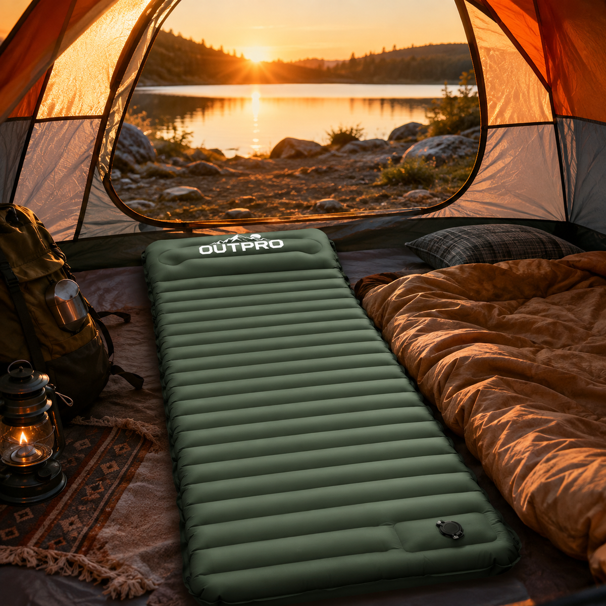 Oppblåsbar luftmadrass 10 cm med fotpumpe – R-verdi 4 til camping
