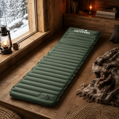 Oppblåsbar luftmadrass 10 cm med fotpumpe – R-verdi 4 til camping
