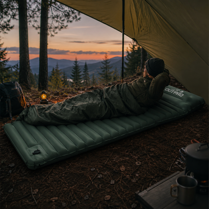 Oppblåsbar luftmadrass 10 cm med fotpumpe – R-verdi 4 til camping