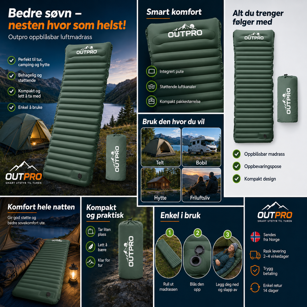Oppblåsbar luftmadrass 10 cm med fotpumpe – R-verdi 4 til camping