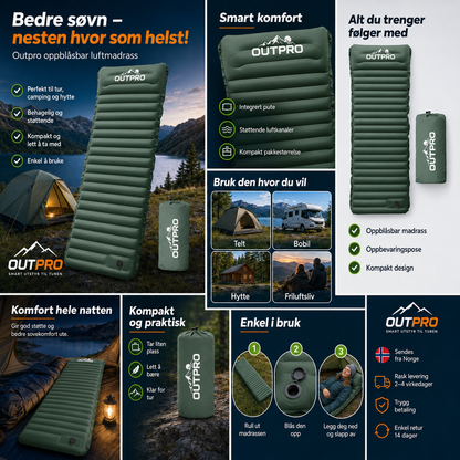 Oppblåsbar luftmadrass 10 cm med fotpumpe – R-verdi 4 til camping