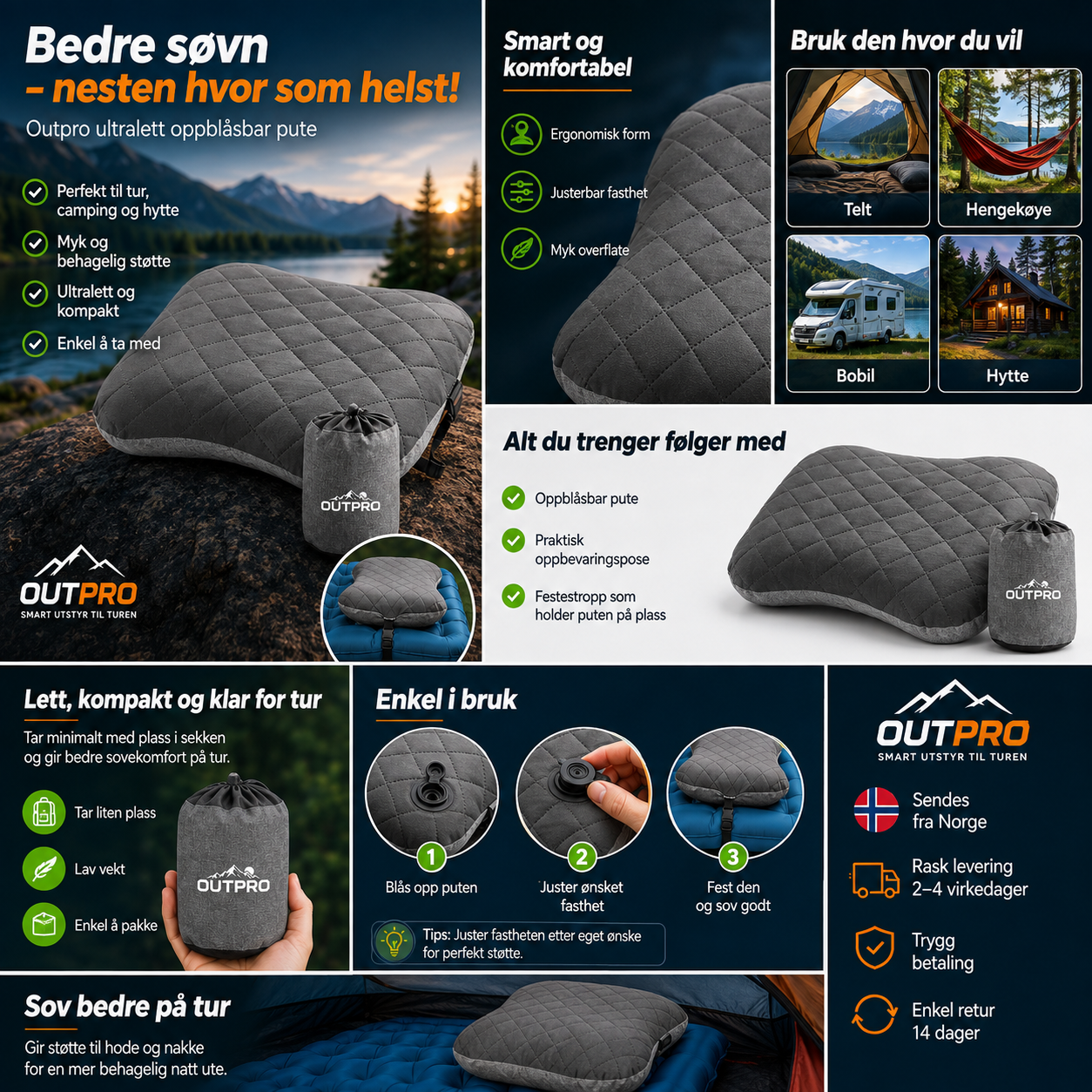Oppblåsbar campingpute 175 g – ultralett pute til telt og tur
