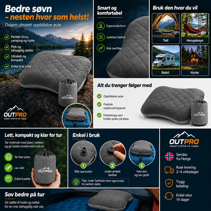 Oppblåsbar campingpute 175 g – ultralett pute til telt og tur